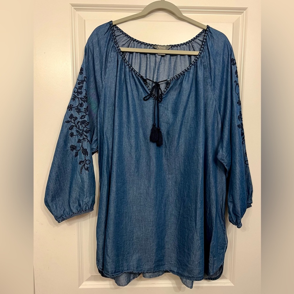 Embroidered chambray denim top, plus size